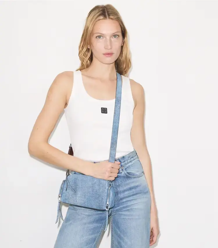 Perry Denim-Print Suede Voyager Crossbody Bag - Image 2